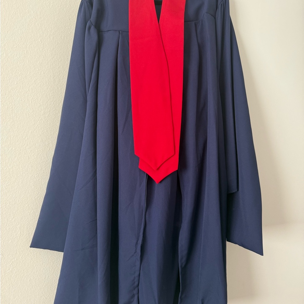 Liberty University Graduation Gown with masters stole, sash, and cap.